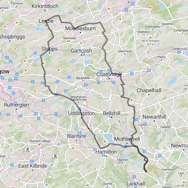 Map miniature of "Lenzie to Hornshill via The Mount" cycling inspiration in West Central Scotland, United Kingdom. Generated by Tarmacs.app cycling route planner