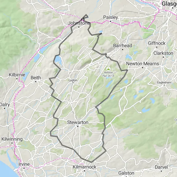 Map miniature of "Gleniffer Braes to Johnstone Loop" cycling inspiration in West Central Scotland, United Kingdom. Generated by Tarmacs.app cycling route planner