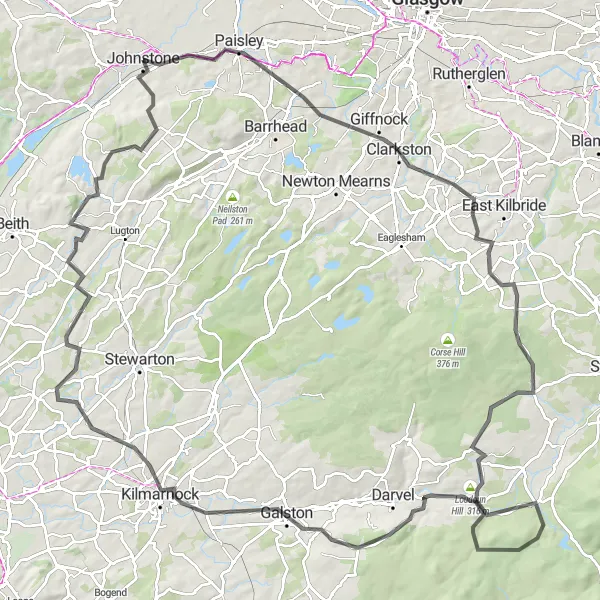 Map miniature of "The Paisley Adventure" cycling inspiration in West Central Scotland, United Kingdom. Generated by Tarmacs.app cycling route planner
