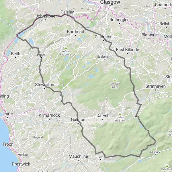 Map miniature of "Lochwinnoch Grande Route" cycling inspiration in West Central Scotland, United Kingdom. Generated by Tarmacs.app cycling route planner