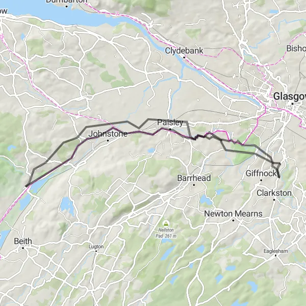 Map miniature of "Elderslie Adventure" cycling inspiration in West Central Scotland, United Kingdom. Generated by Tarmacs.app cycling route planner
