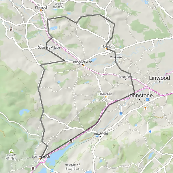 Map miniature of "Into the Heart of Renfrewshire: Cycling Route from Lochwinnoch to Howwood" cycling inspiration in West Central Scotland, United Kingdom. Generated by Tarmacs.app cycling route planner