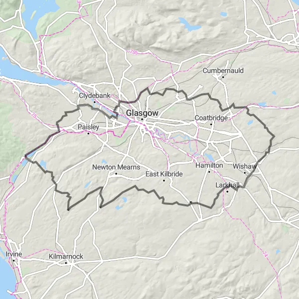 Map miniature of "Lochwinnoch Challenge" cycling inspiration in West Central Scotland, United Kingdom. Generated by Tarmacs.app cycling route planner