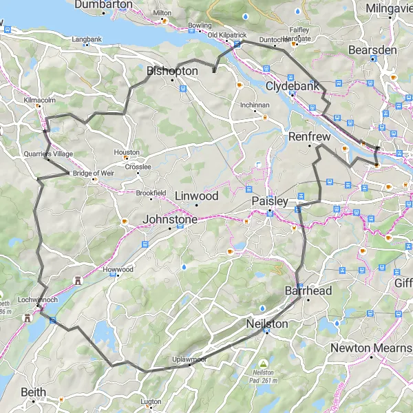 Map miniature of "Scenic Gravel Cycling Route from Lochwinnoch to Old Kilpatrick" cycling inspiration in West Central Scotland, United Kingdom. Generated by Tarmacs.app cycling route planner