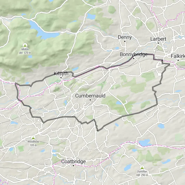 Map miniature of "Exploring Bonnybridge and Summerhill" cycling inspiration in West Central Scotland, United Kingdom. Generated by Tarmacs.app cycling route planner