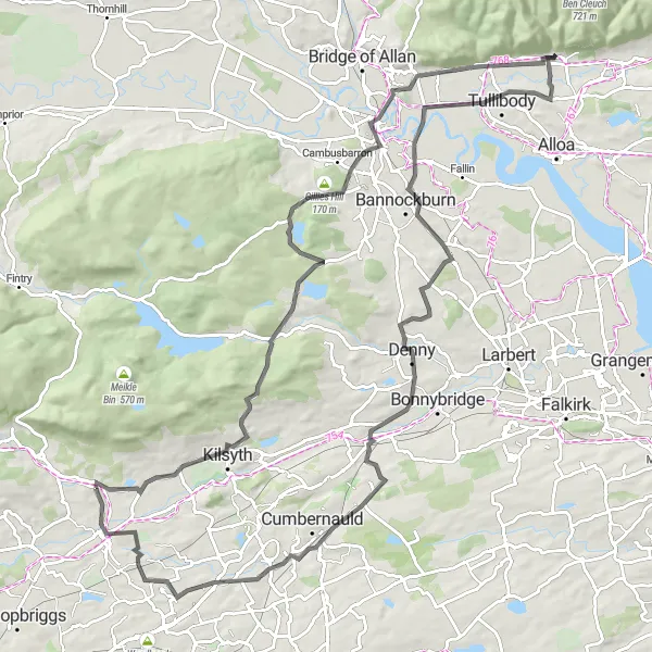 Map miniature of "Challenging Ride to The National Wallace Monument" cycling inspiration in West Central Scotland, United Kingdom. Generated by Tarmacs.app cycling route planner