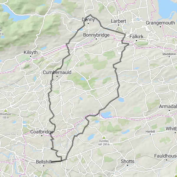 Map miniature of "Glenmavis Road Circuit" cycling inspiration in West Central Scotland, United Kingdom. Generated by Tarmacs.app cycling route planner