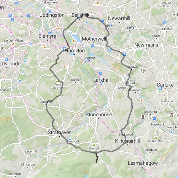 Map miniature of "Mossend Circular Road Cycling Route" cycling inspiration in West Central Scotland, United Kingdom. Generated by Tarmacs.app cycling route planner