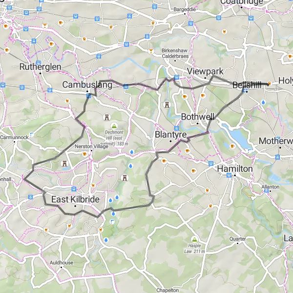 Map miniature of "Mossend Short Explore Road Cycling Route" cycling inspiration in West Central Scotland, United Kingdom. Generated by Tarmacs.app cycling route planner