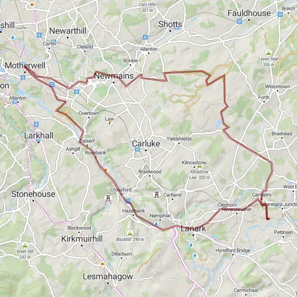 Map miniature of "The Gravel Escape" cycling inspiration in West Central Scotland, United Kingdom. Generated by Tarmacs.app cycling route planner