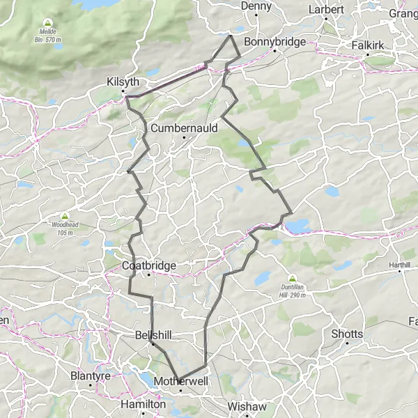 Map miniature of "The Bellshill Loop" cycling inspiration in West Central Scotland, United Kingdom. Generated by Tarmacs.app cycling route planner