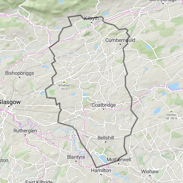 Map miniature of "Scenic road cycling through Hamilton, Kenmuir Hill, Hornshill, Kirkintilloch, Kilsyth, Luggiebank, and Holytown" cycling inspiration in West Central Scotland, United Kingdom. Generated by Tarmacs.app cycling route planner