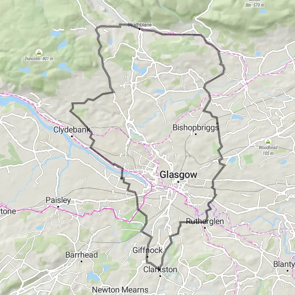 Map miniature of "Netherlee Circuit" cycling inspiration in West Central Scotland, United Kingdom. Generated by Tarmacs.app cycling route planner