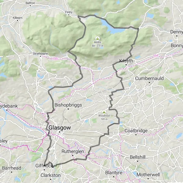 Map miniature of "Century Ride" cycling inspiration in West Central Scotland, United Kingdom. Generated by Tarmacs.app cycling route planner