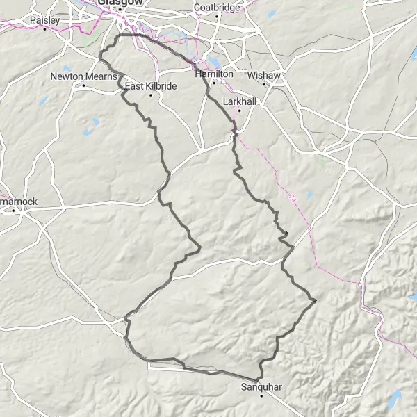 Map miniature of "Cambuslang to Busby Loop" cycling inspiration in West Central Scotland, United Kingdom. Generated by Tarmacs.app cycling route planner