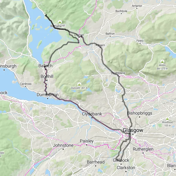 Map miniature of "Giffnock to Balmaha Loop" cycling inspiration in West Central Scotland, United Kingdom. Generated by Tarmacs.app cycling route planner