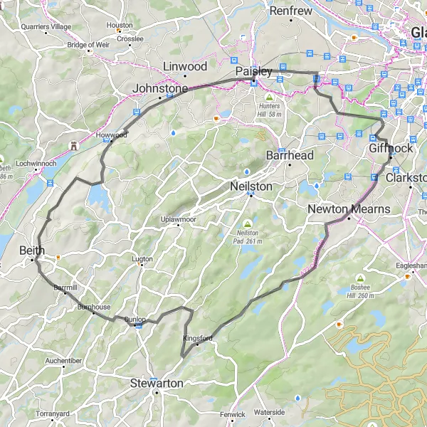 Map miniature of "Newton Mearns to Elderslie Loop" cycling inspiration in West Central Scotland, United Kingdom. Generated by Tarmacs.app cycling route planner