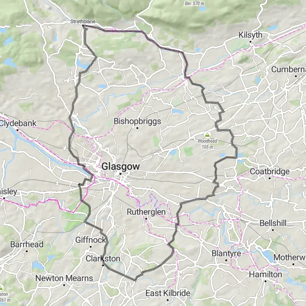 Map miniature of "Scenic Loop via Strathblane" cycling inspiration in West Central Scotland, United Kingdom. Generated by Tarmacs.app cycling route planner