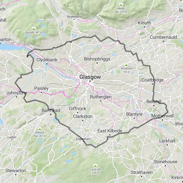 Map miniature of "Motherwell to Milngavie Road Ride" cycling inspiration in West Central Scotland, United Kingdom. Generated by Tarmacs.app cycling route planner