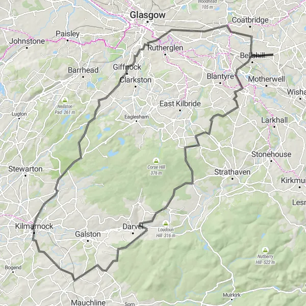 Map miniature of "Crosshands Challenge" cycling inspiration in West Central Scotland, United Kingdom. Generated by Tarmacs.app cycling route planner