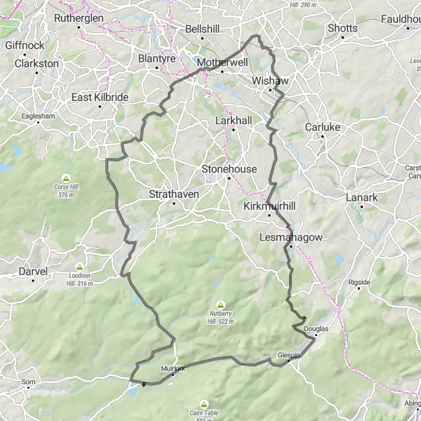 Map miniature of "Lesmahagow Challenge" cycling inspiration in West Central Scotland, United Kingdom. Generated by Tarmacs.app cycling route planner