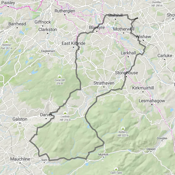 Map miniature of "Overtown Escapade" cycling inspiration in West Central Scotland, United Kingdom. Generated by Tarmacs.app cycling route planner