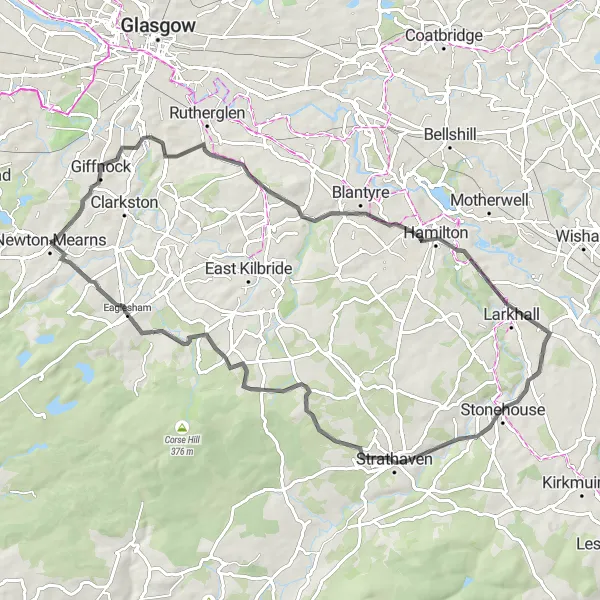 Map miniature of "Giffnock and Eaglesham Loop" cycling inspiration in West Central Scotland, United Kingdom. Generated by Tarmacs.app cycling route planner