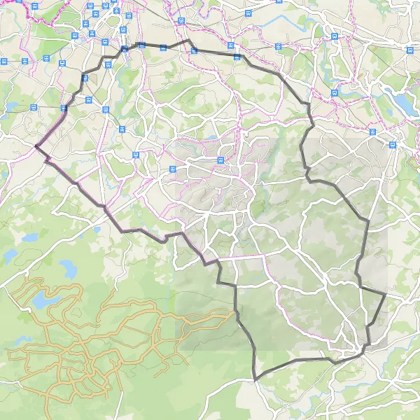 Map miniature of "Giffnock and Strathaven Castle Loop" cycling inspiration in West Central Scotland, United Kingdom. Generated by Tarmacs.app cycling route planner