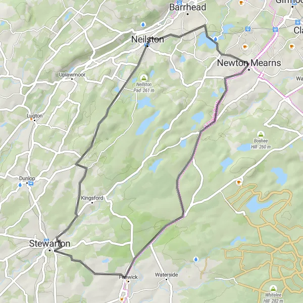 Map miniature of "Stewarton and Neilston Loop" cycling inspiration in West Central Scotland, United Kingdom. Generated by Tarmacs.app cycling route planner