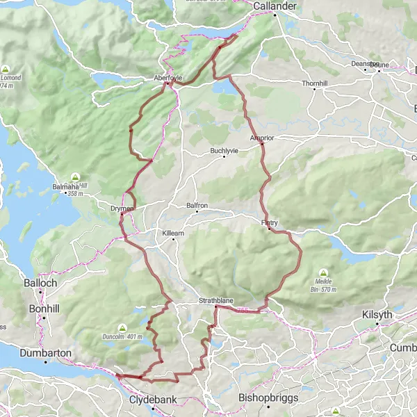 Map miniature of "Scenic Gravel Adventure - Old Kilpatrick to Parkhall" cycling inspiration in West Central Scotland, United Kingdom. Generated by Tarmacs.app cycling route planner