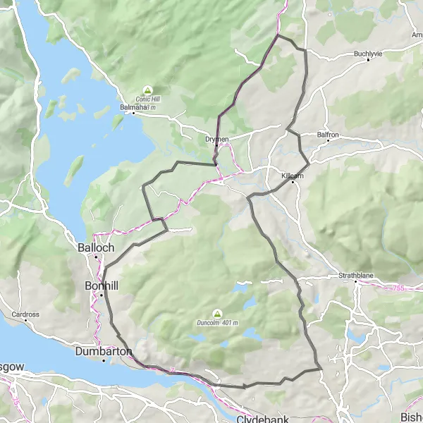 Map miniature of "Old Kilpatrick to Killearn Loop" cycling inspiration in West Central Scotland, United Kingdom. Generated by Tarmacs.app cycling route planner