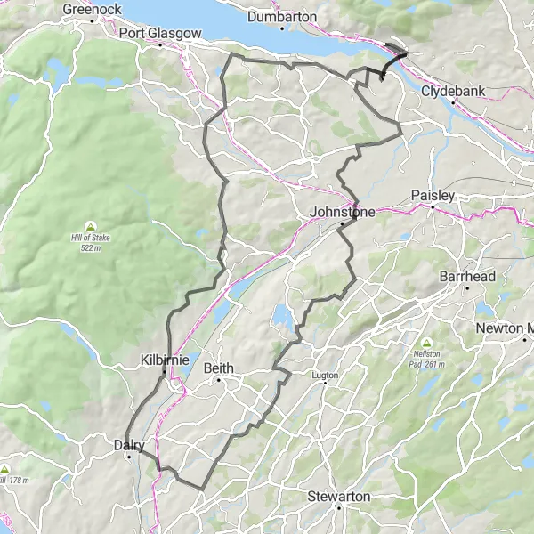 Map miniature of "Old Kilpatrick to Bishopton Loop" cycling inspiration in West Central Scotland, United Kingdom. Generated by Tarmacs.app cycling route planner