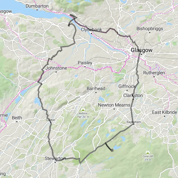 Map miniature of "Kilpatrick Hills Adventure" cycling inspiration in West Central Scotland, United Kingdom. Generated by Tarmacs.app cycling route planner