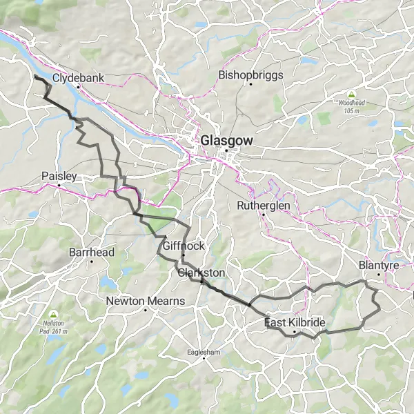 Map miniature of "Carnwadric Loop" cycling inspiration in West Central Scotland, United Kingdom. Generated by Tarmacs.app cycling route planner