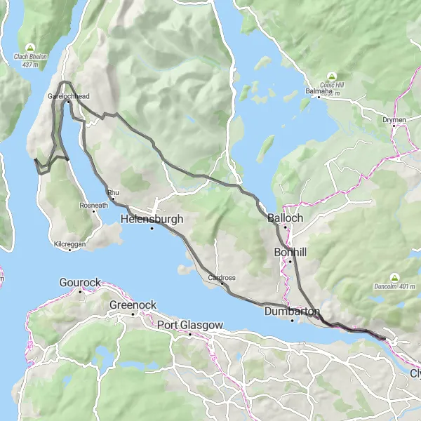 Map miniature of "Clyde View Loop" cycling inspiration in West Central Scotland, United Kingdom. Generated by Tarmacs.app cycling route planner