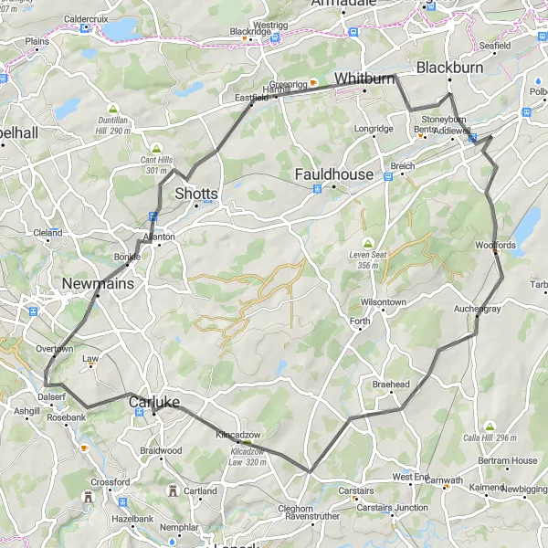 Map miniature of "Whitburn and Pearie Law Route" cycling inspiration in West Central Scotland, United Kingdom. Generated by Tarmacs.app cycling route planner