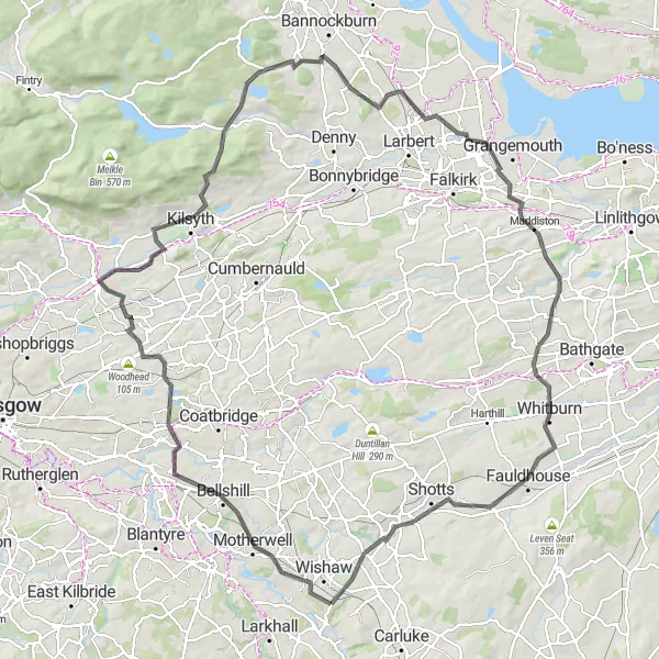 Map miniature of "Motherwell and Tak Ma Doon Road Adventure" cycling inspiration in West Central Scotland, United Kingdom. Generated by Tarmacs.app cycling route planner