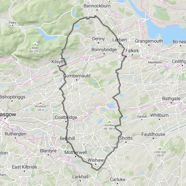 Map miniature of "Bellshill and Croy Hill Loop" cycling inspiration in West Central Scotland, United Kingdom. Generated by Tarmacs.app cycling route planner