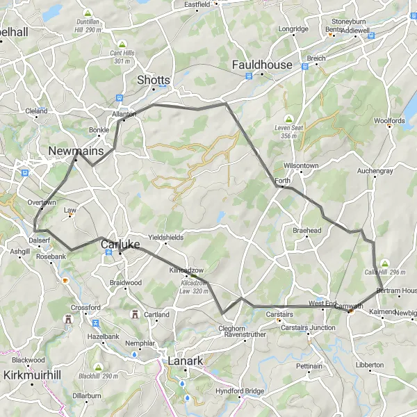 Map miniature of "Overtown and Calla Hill Circuit" cycling inspiration in West Central Scotland, United Kingdom. Generated by Tarmacs.app cycling route planner