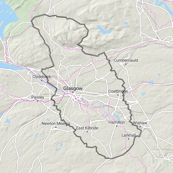 Map miniature of "The Strathaven Circuit" cycling inspiration in West Central Scotland, United Kingdom. Generated by Tarmacs.app cycling route planner