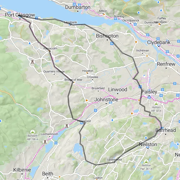 Map miniature of "Road Route: Port Glasgow to Kilmacolm" cycling inspiration in West Central Scotland, United Kingdom. Generated by Tarmacs.app cycling route planner