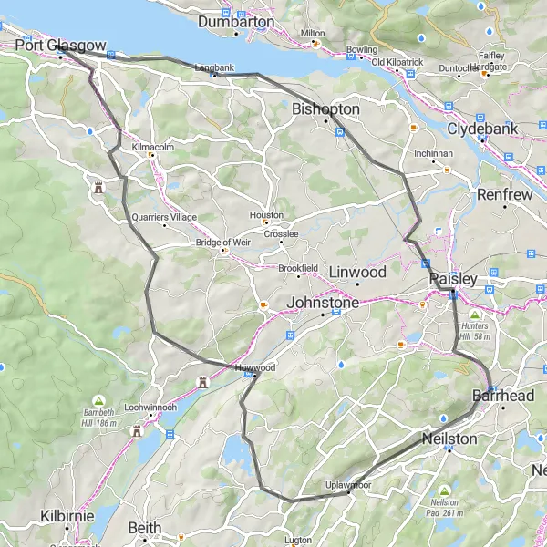 Map miniature of "Barrhead and Uplawmoor Loop" cycling inspiration in West Central Scotland, United Kingdom. Generated by Tarmacs.app cycling route planner
