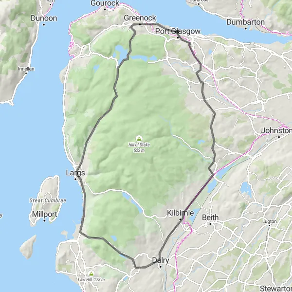 Map miniature of "Road Route: Port Glasgow to Greenock" cycling inspiration in West Central Scotland, United Kingdom. Generated by Tarmacs.app cycling route planner