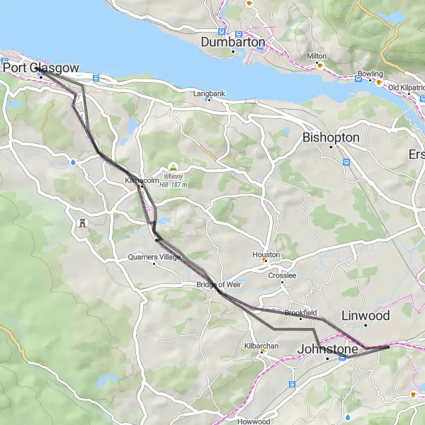 Map miniature of "Quarriers Village and Kilmacolm Loop" cycling inspiration in West Central Scotland, United Kingdom. Generated by Tarmacs.app cycling route planner