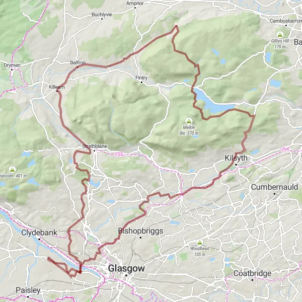 Map miniature of "Renfrew to Kelvinside Gravel Adventure" cycling inspiration in West Central Scotland, United Kingdom. Generated by Tarmacs.app cycling route planner