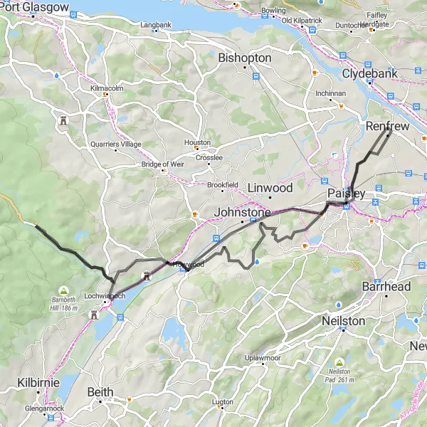 Map miniature of "Renfrew to Paisley Loop" cycling inspiration in West Central Scotland, United Kingdom. Generated by Tarmacs.app cycling route planner