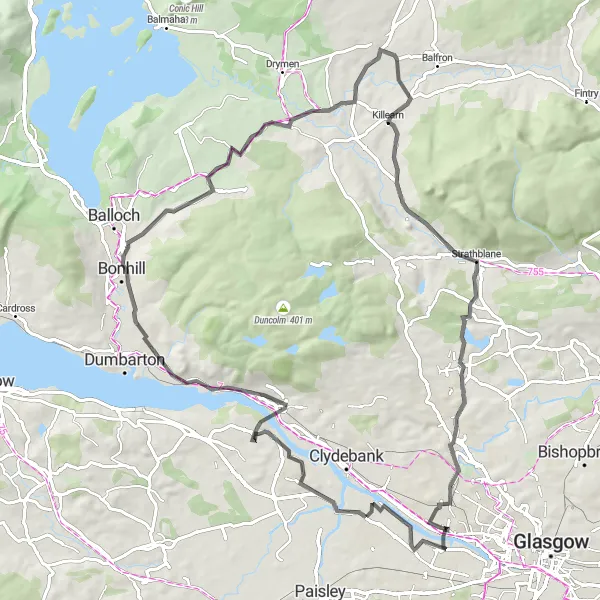 Map miniature of "Renfrew - Bowling - Hill of Dun - Croftamie - Strathblane Loop" cycling inspiration in West Central Scotland, United Kingdom. Generated by Tarmacs.app cycling route planner