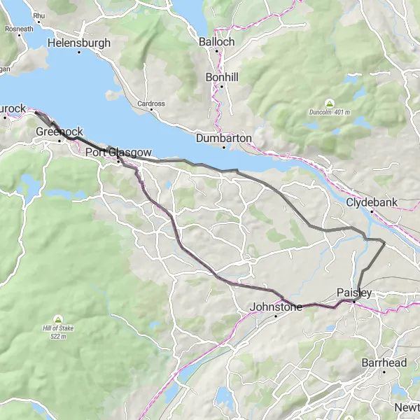 Map miniature of "Renfrew to Greenock Circuit" cycling inspiration in West Central Scotland, United Kingdom. Generated by Tarmacs.app cycling route planner
