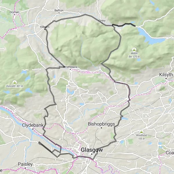 Map miniature of "Renfrew to Fintry Loop" cycling inspiration in West Central Scotland, United Kingdom. Generated by Tarmacs.app cycling route planner