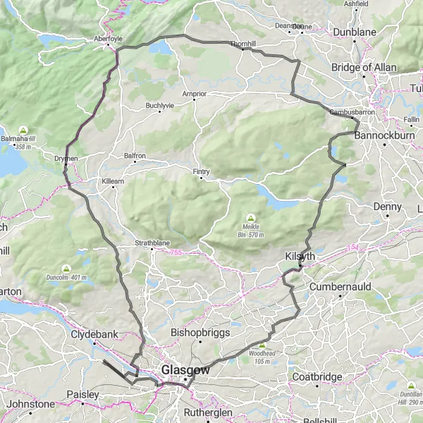 Map miniature of "Renfrew - Temple - Queen's View - Croftamie - Bàt a' Charchel - Gartmore - Thornhill - Cambusbarron - Gillies Hill - Bar Hill - Twechar - Woodhead - Mackintosh Tower Loop" cycling inspiration in West Central Scotland, United Kingdom. Generated by Tarmacs.app cycling route planner